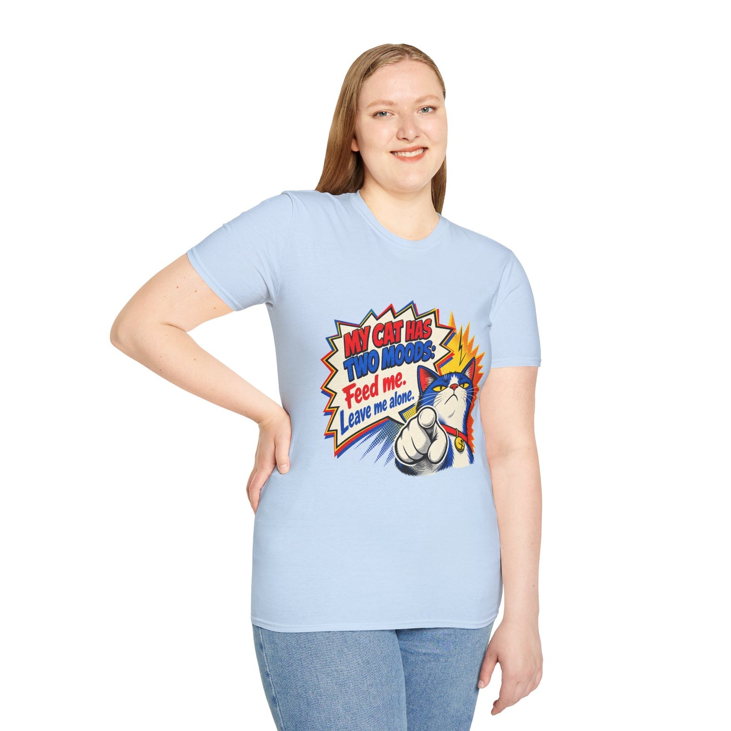 Cat T-Shirt — "My Cat Has Two Moods: Feed Me, Leave Me Alone" Funny Retro Comic Tee