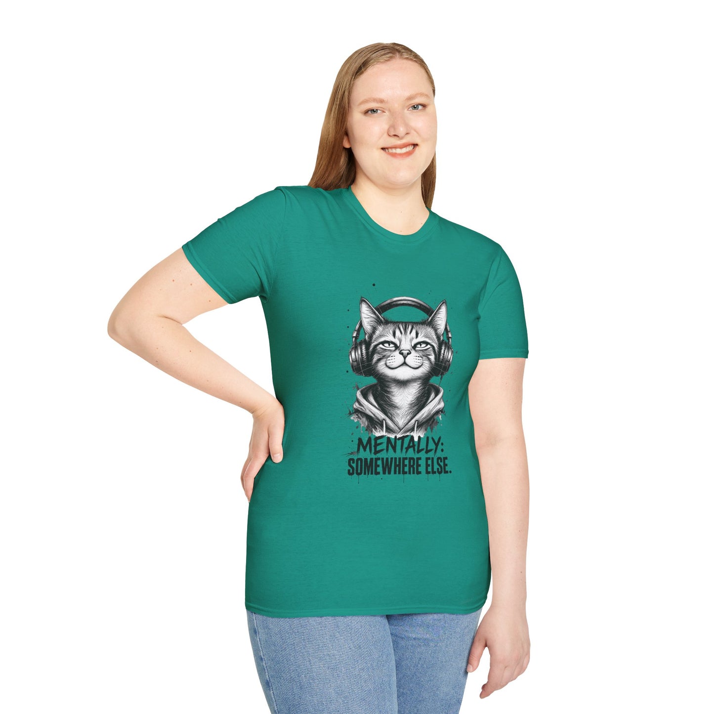T-Shirt — Cat with Headphones "Mentally: Somewhere Else" – Cute Relaxed Graphic Tee for Cat Lovers