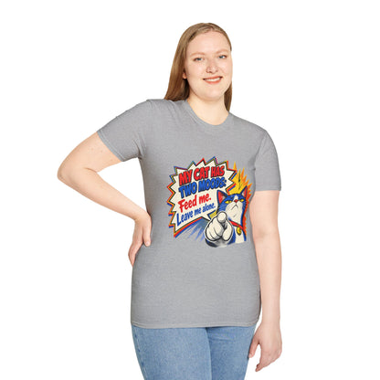Cat T-Shirt — "My Cat Has Two Moods: Feed Me, Leave Me Alone" Funny Retro Comic Tee