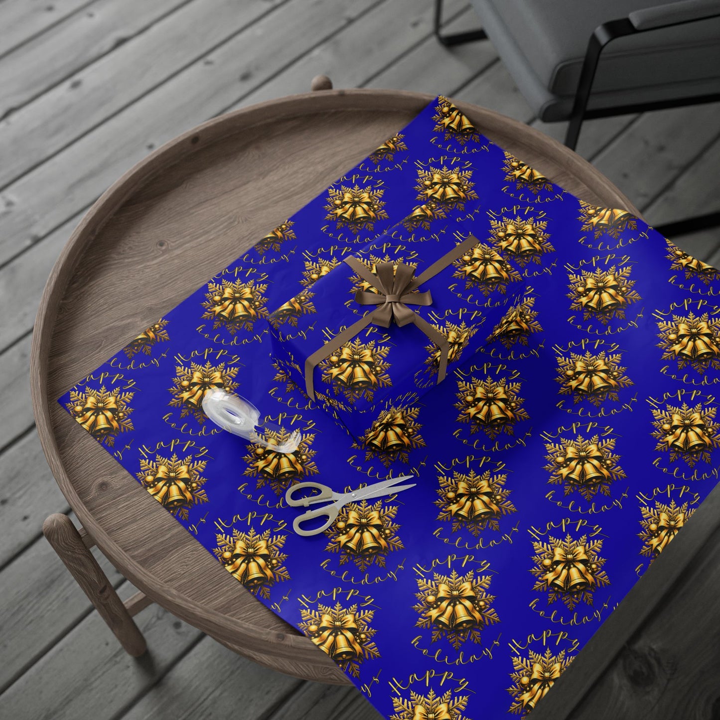 Royal Blue & Gold Holiday Wrapping Paper Roll — Elegant Floral Wreath Pattern