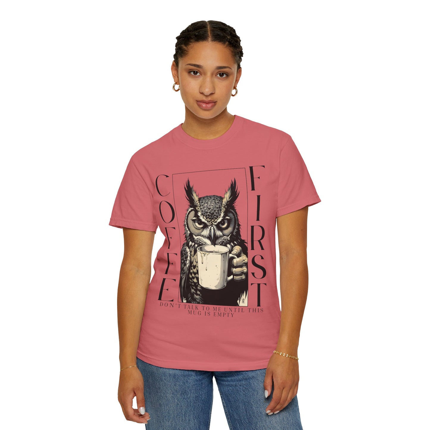 Coffee First Owl T-Shirt — Funny Morning Coffee Tee