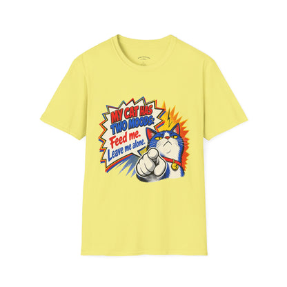 Cat T-Shirt — "My Cat Has Two Moods: Feed Me, Leave Me Alone" Funny Retro Comic Tee
