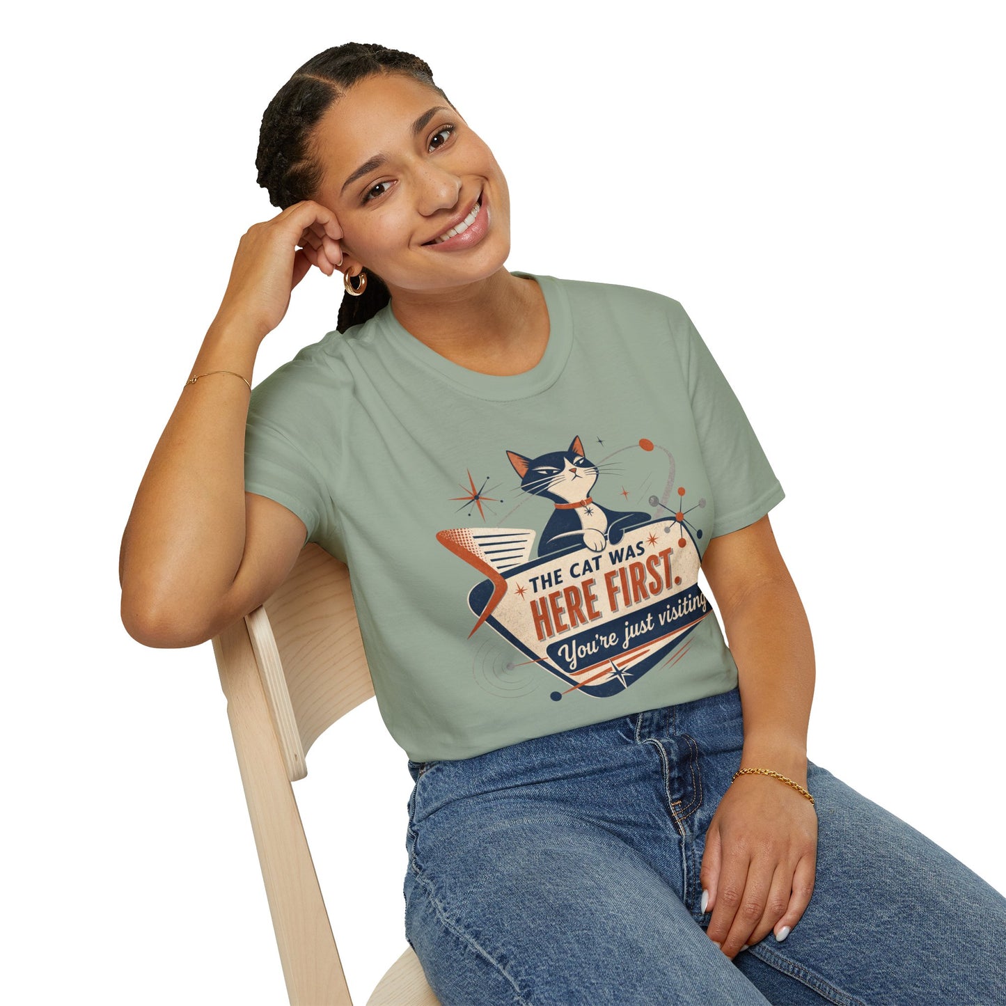 Cat Was Here First T-Shirt — Retro Mid-Century Kitty "You’re Just Visiting" Tee