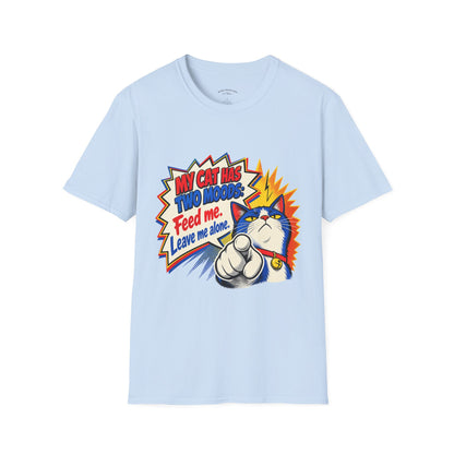 Cat T-Shirt — "My Cat Has Two Moods: Feed Me, Leave Me Alone" Funny Retro Comic Tee
