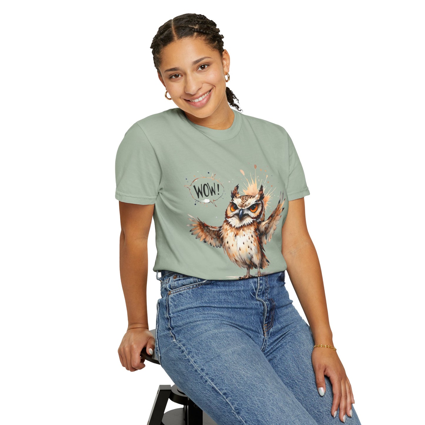 Owl Watercolor T-Shirt — Cute 'Wow!' Cartoon Owl Graphic Tee
