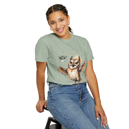 Owl Watercolor T-Shirt — Cute 'Wow!' Cartoon Owl Graphic Tee