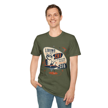 Cat T-Shirt — "Living with a Cat is Basically Having a Furry CEO" Retro Graphic