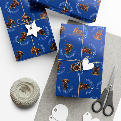Blue Holiday Wrapping Paper with Reindeer & "Merry Christmas" Pattern