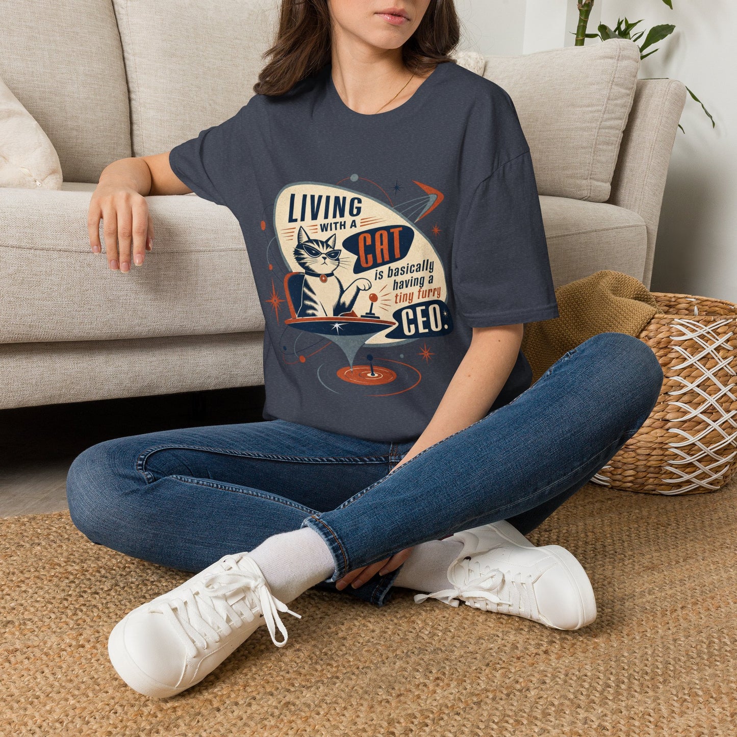 Cat T-Shirt — "Living with a Cat is Basically Having a Furry CEO" Retro Graphic