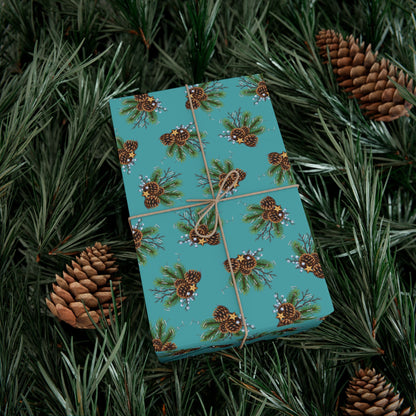 Pinecone Bouquet Gift Wrap - Rustic Teal Holiday Wrapping Paper