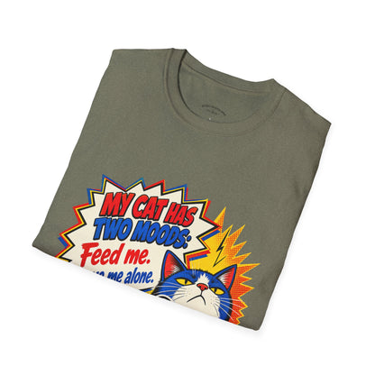 Cat T-Shirt — "My Cat Has Two Moods: Feed Me, Leave Me Alone" Funny Retro Comic Tee