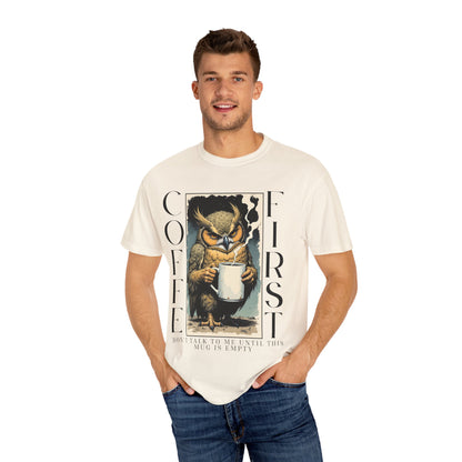 Coffee First Owl T-Shirt — Vintage Owl Holding  Graphic Tee