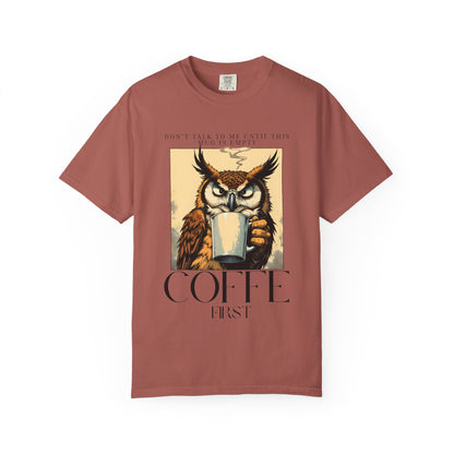Coffee First Owl T-Shirt — Vintage Coffee Lover Graphic Tee