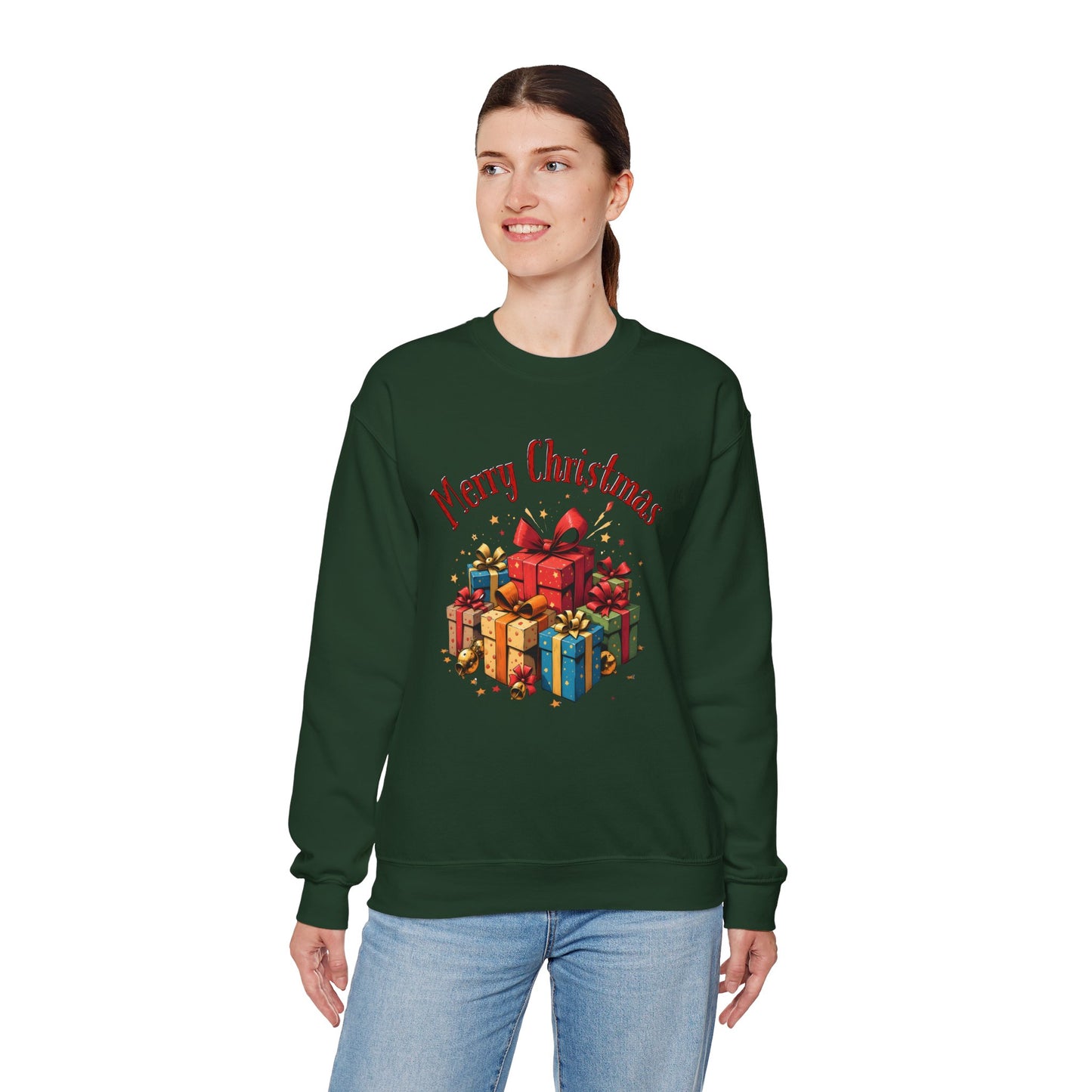 Christmas Crewneck Sweatshirt — "Merry Christmas" with Festive Gift Pile
