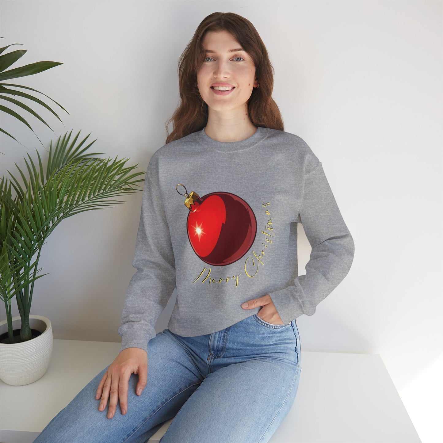 Christmas Ornament Crewneck Sweatshirt — Red Bauble "Merry Christmas" Holiday Sweater