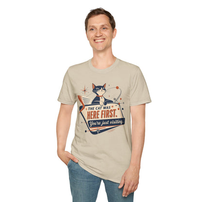 Cat Was Here First T-Shirt — Retro Mid-Century Kitty "You’re Just Visiting" Tee