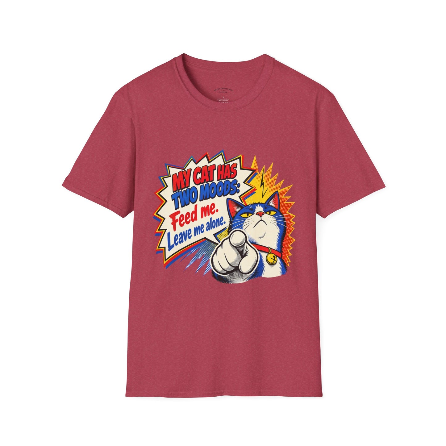 Cat T-Shirt — "My Cat Has Two Moods: Feed Me, Leave Me Alone" Funny Retro Comic Tee