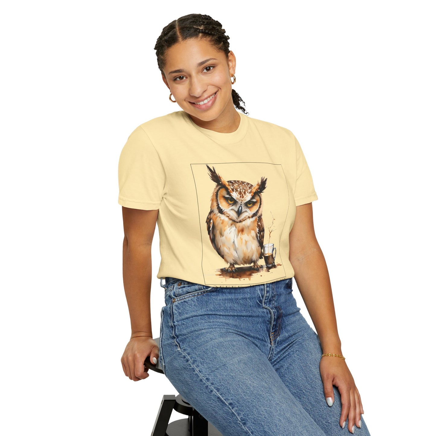 Owl Coffee Illustration T‑Shirt — 'Coffee First, Commit Later' Graphic Tee