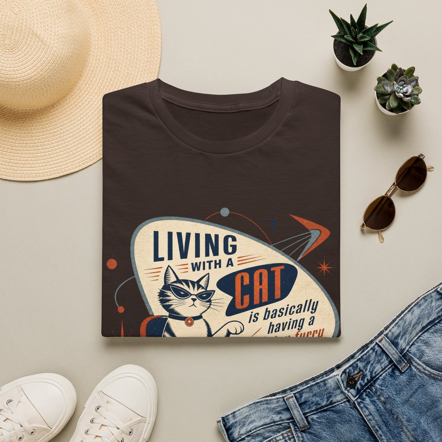 Cat T-Shirt — "Living with a Cat is Basically Having a Furry CEO" Retro Graphic