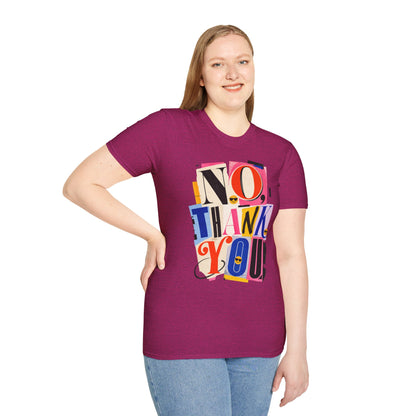 No, Thank You Graphic Tee — Colorful Bold Lettering T‑Shirt