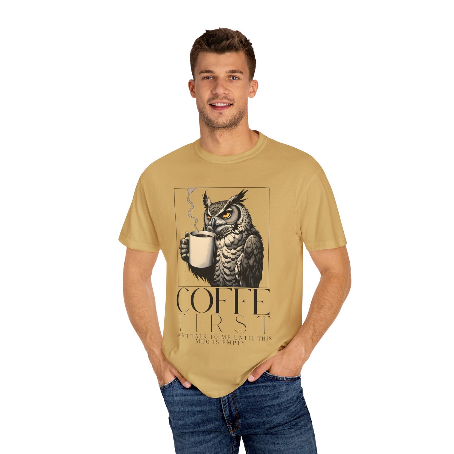Coffee First Owl T-Shirt — Coffee Lover Graphic Tee