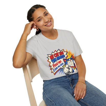 Cat T-Shirt — "My Cat Has Two Moods: Feed Me, Leave Me Alone" Funny Retro Comic Tee