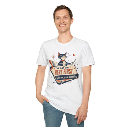 Cat Was Here First T-Shirt — Retro Mid-Century Kitty "You’re Just Visiting" Tee