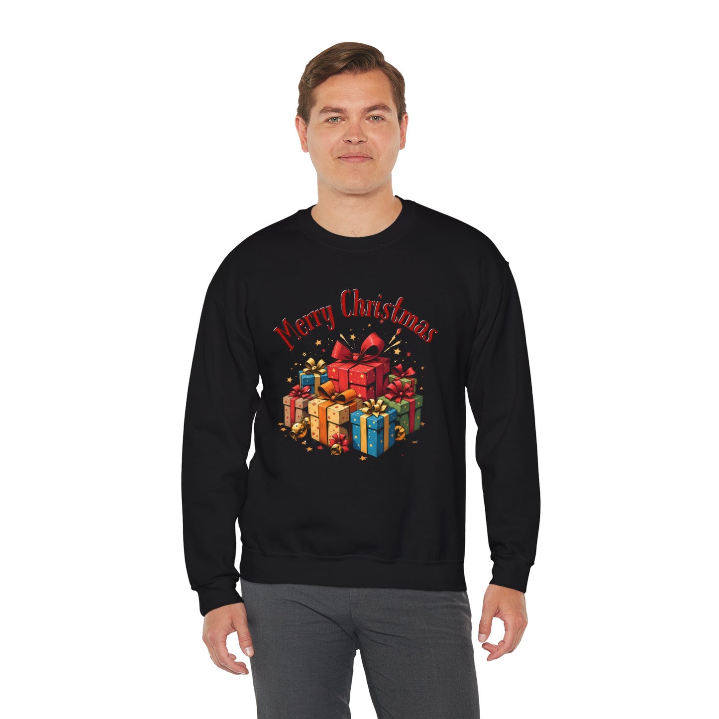 Christmas Crewneck Sweatshirt — "Merry Christmas" with Festive Gift Pile