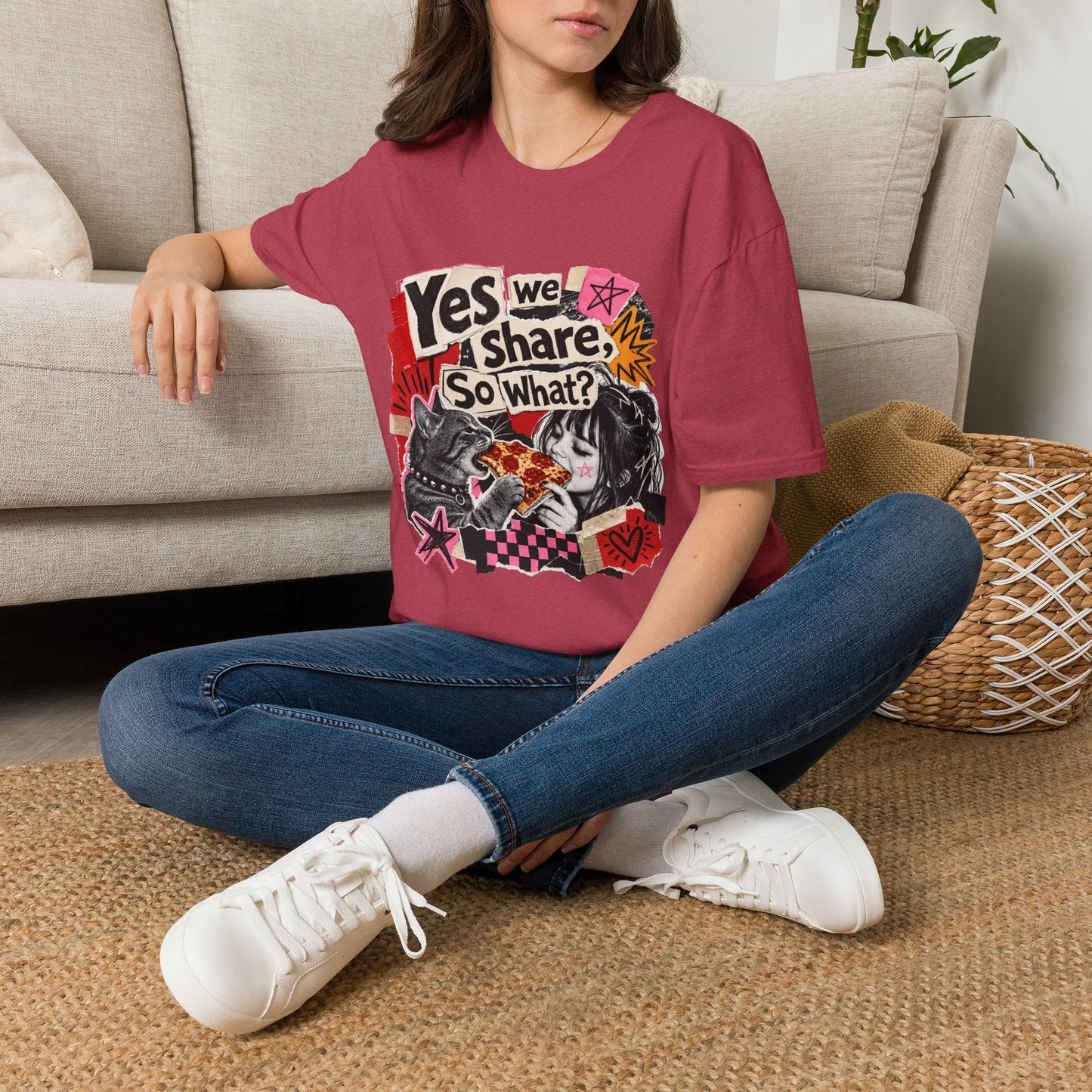 T-Shirt — "Yes We Share, So What?" Retro Collage Graphic Tee