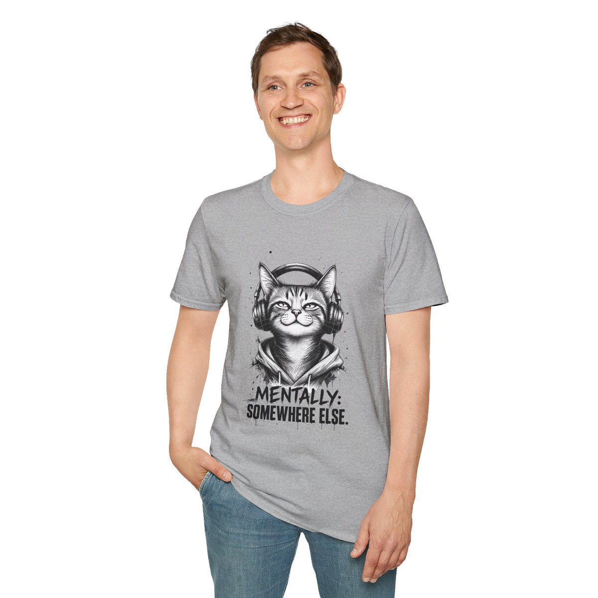 T-Shirt — Cat with Headphones "Mentally: Somewhere Else" – Cute Relaxed Graphic Tee for Cat Lovers