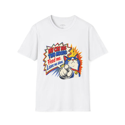 Cat T-Shirt — "My Cat Has Two Moods: Feed Me, Leave Me Alone" Funny Retro Comic Tee