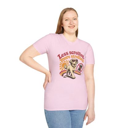 Less Scrolling More Strolling T-Shirt — Retro Dog Walk Graphic Tee