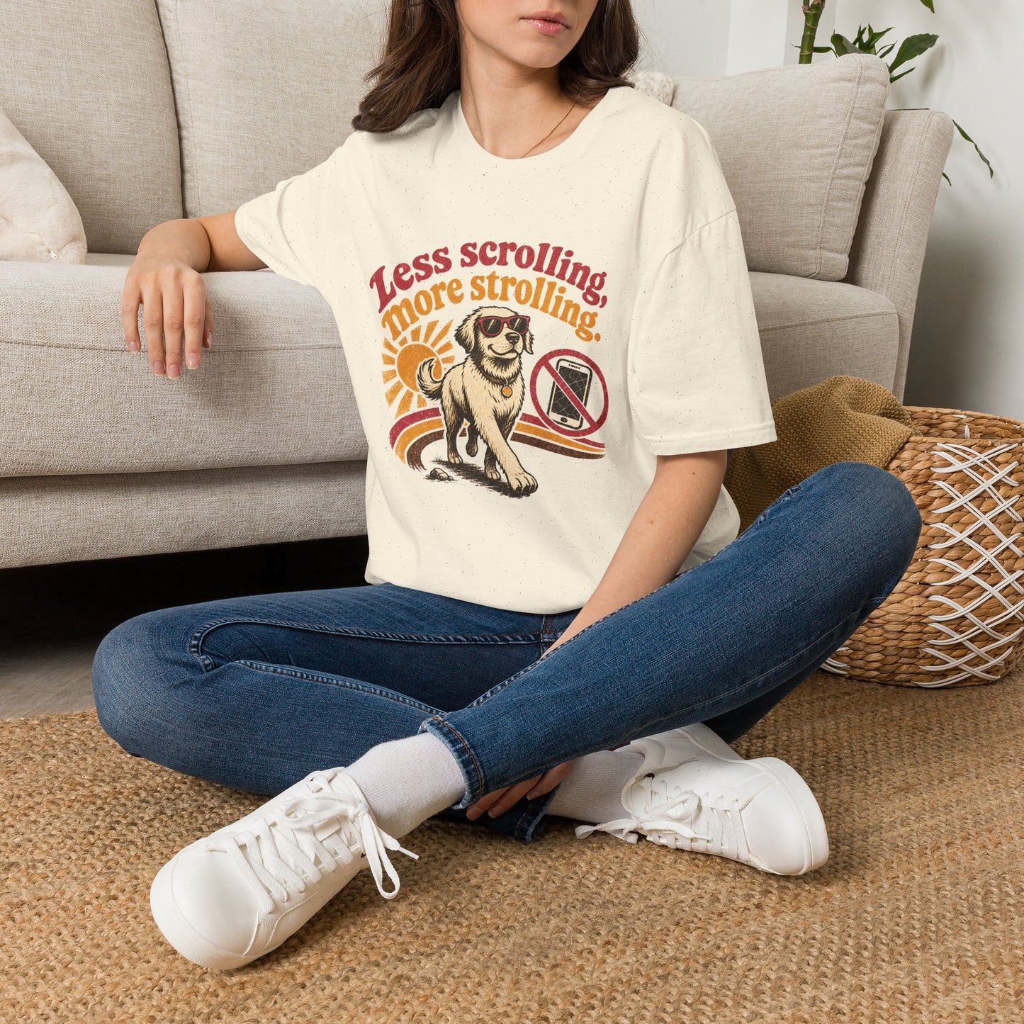 Less Scrolling More Strolling T-Shirt — Retro Dog Walk Graphic Tee