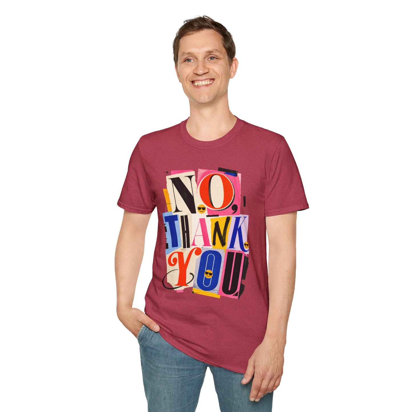 No, Thank You Graphic Tee — Colorful Bold Lettering T‑Shirt