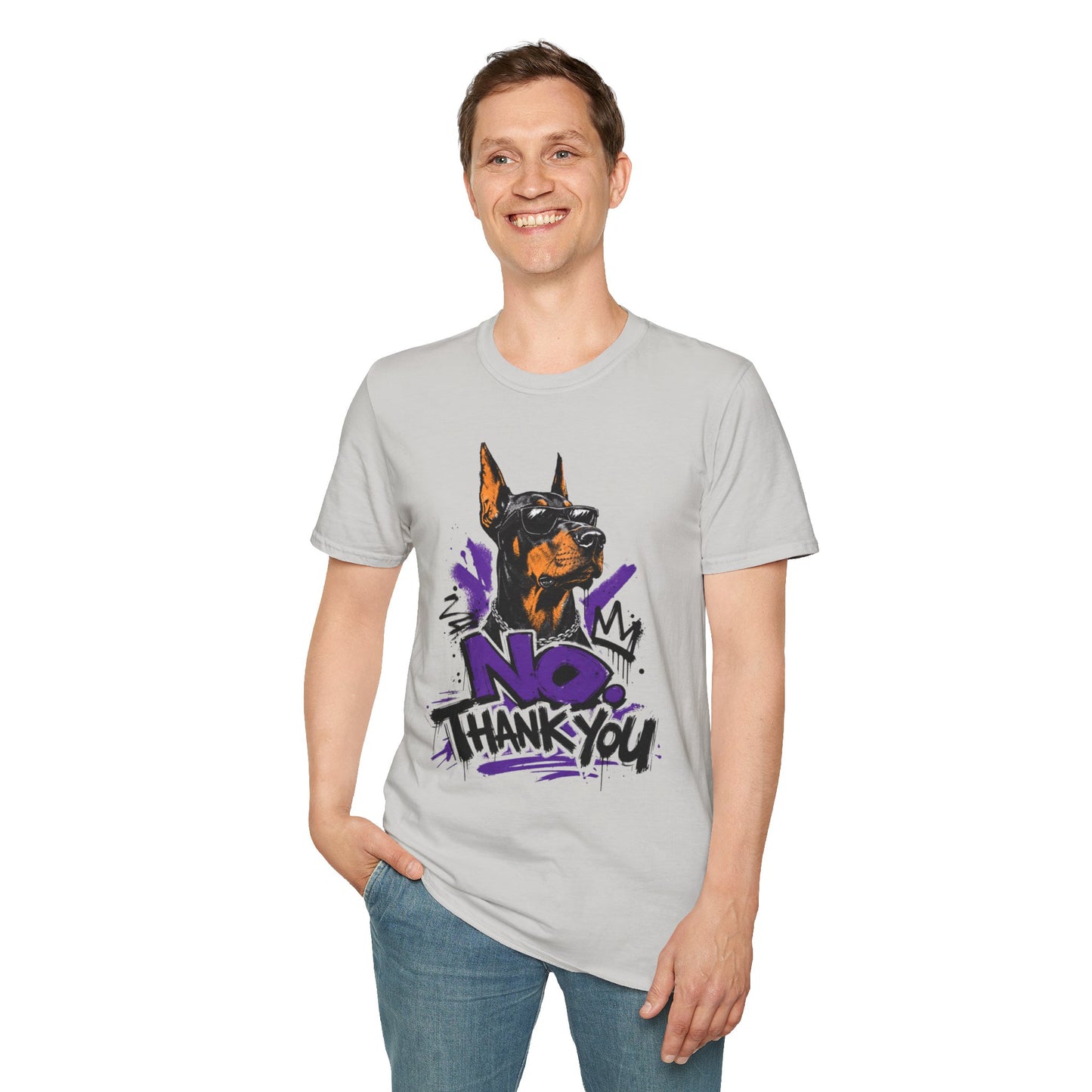 Doberman Graphic Tee — 'No, Thank You' Street Art T-Shirt