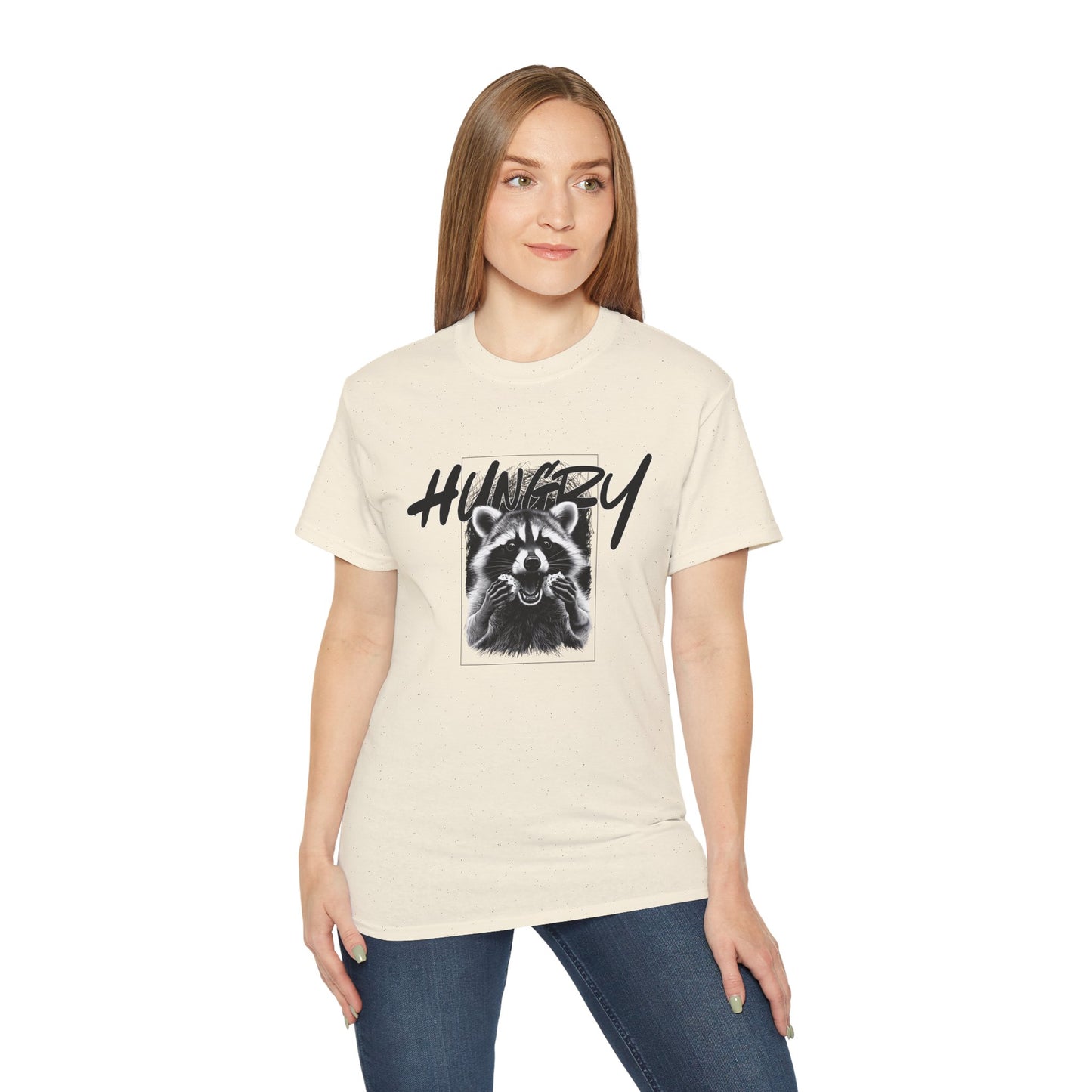 Hungry Raccoon Graphic Tee – Vintage Black & White Animal T-Shirt