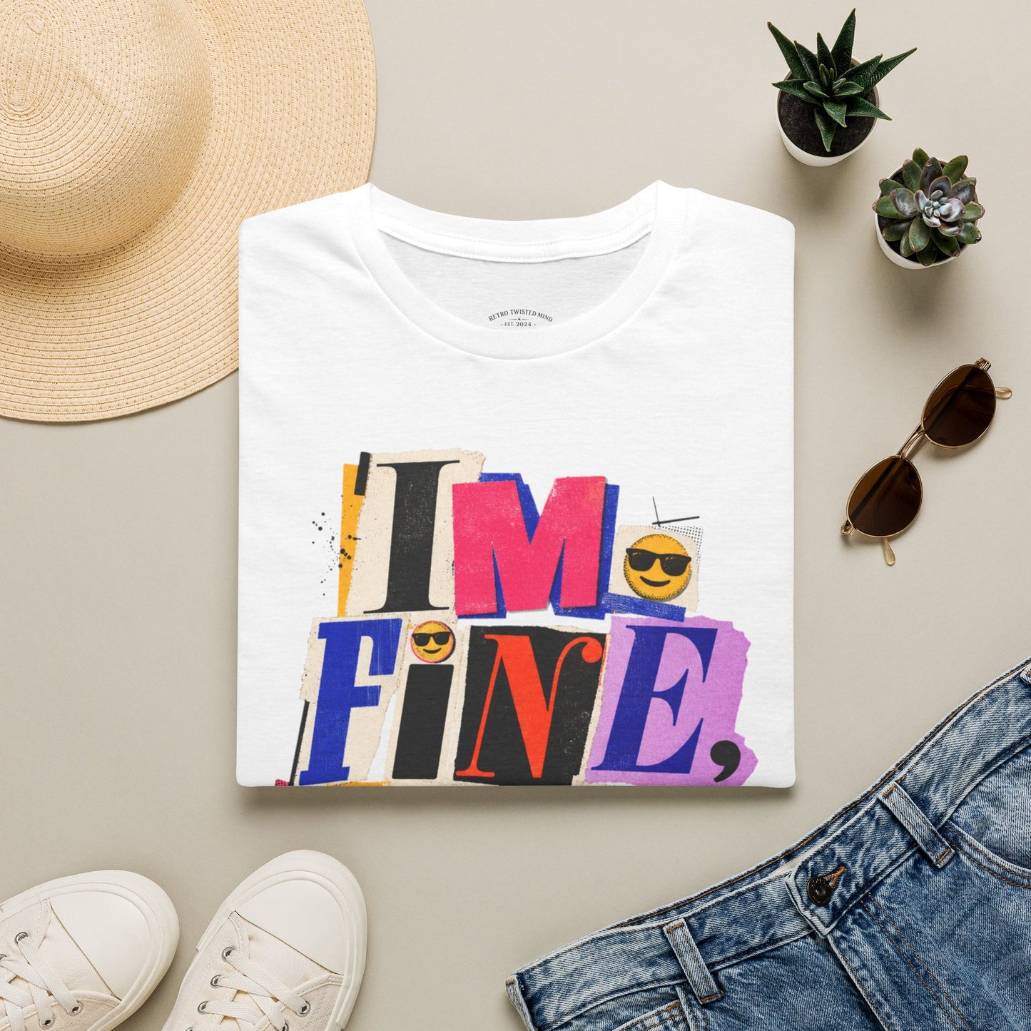 T-Shirt — "I'M FINE, THANK YOU" Retro Collage Graphic Tee
