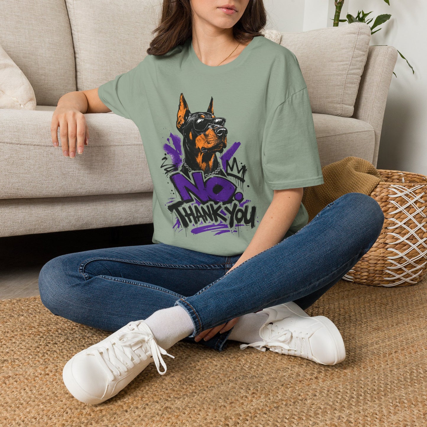 Doberman Graphic Tee — 'No, Thank You' Street Art T-Shirt