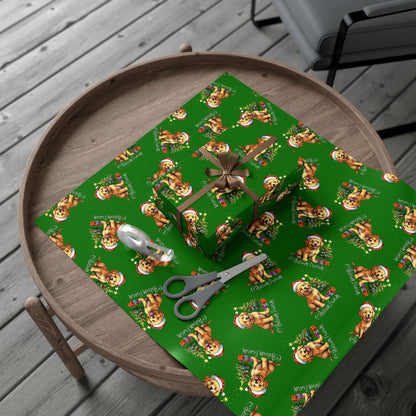 Christmas Puppy Gift Wrap Paper - Green Holiday Dog Wrapping Paper