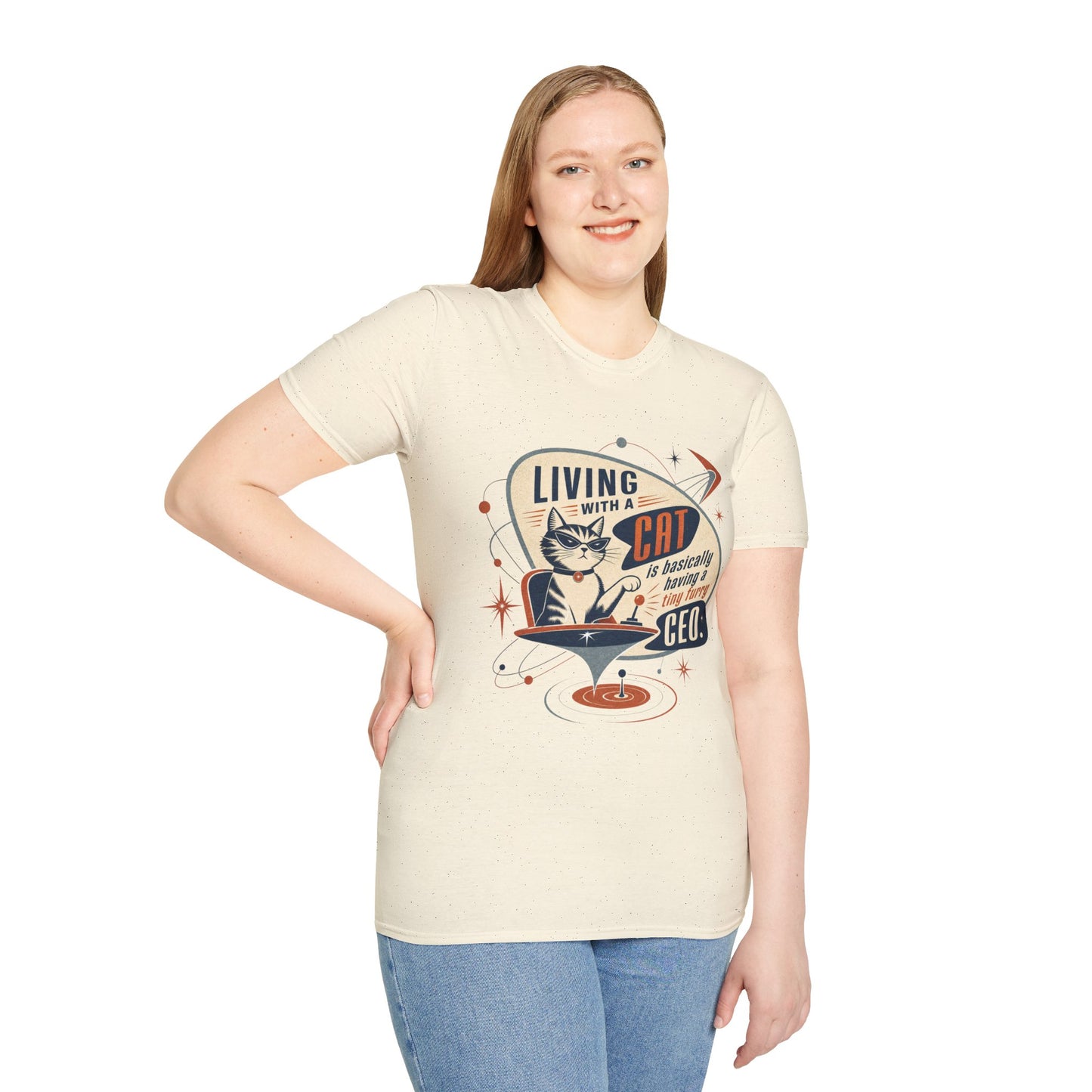 Cat T-Shirt — "Living with a Cat is Basically Having a Furry CEO" Retro Graphic