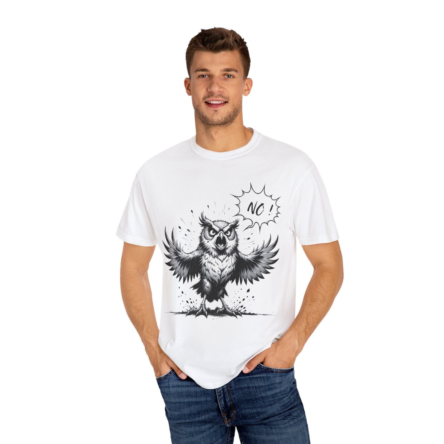 Owl Saying “No” Graphic T-Shirt — Bold Monochrome Illustration