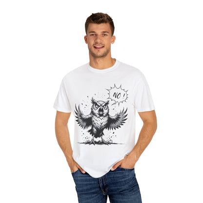Owl Saying “No” Graphic T-Shirt — Bold Monochrome Illustration