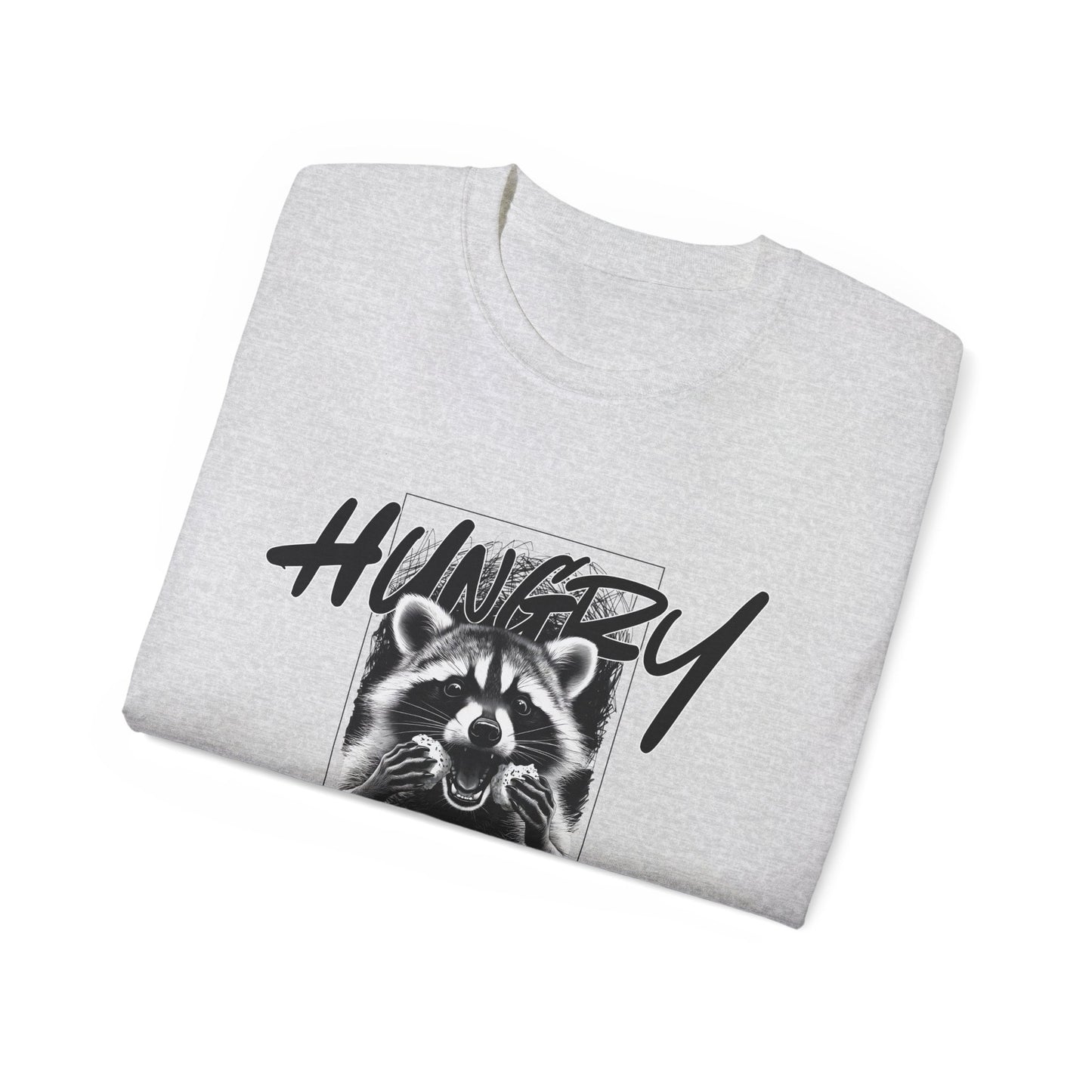 Hungry Raccoon Graphic Tee – Vintage Black & White Animal T-Shirt
