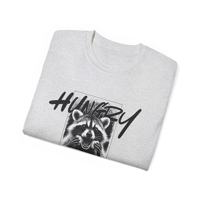 Hungry Raccoon Graphic Tee – Vintage Black & White Animal T-Shirt