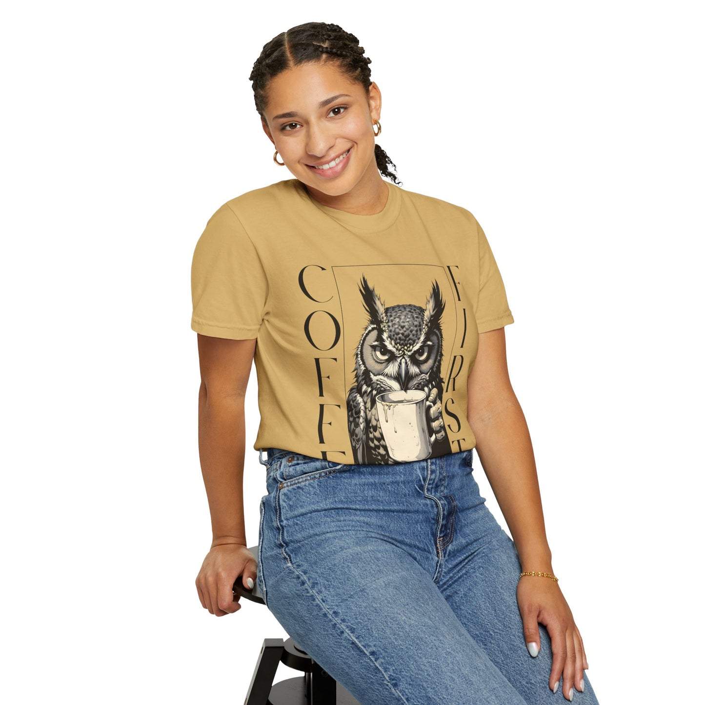 Coffee First Owl T-Shirt — Funny Morning Coffee Tee