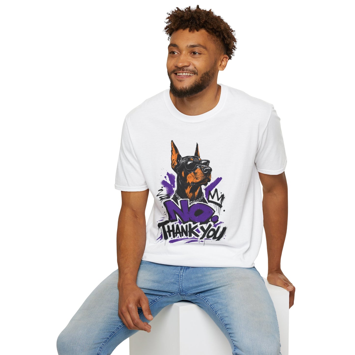 Doberman Graphic Tee — 'No, Thank You' Street Art T-Shirt