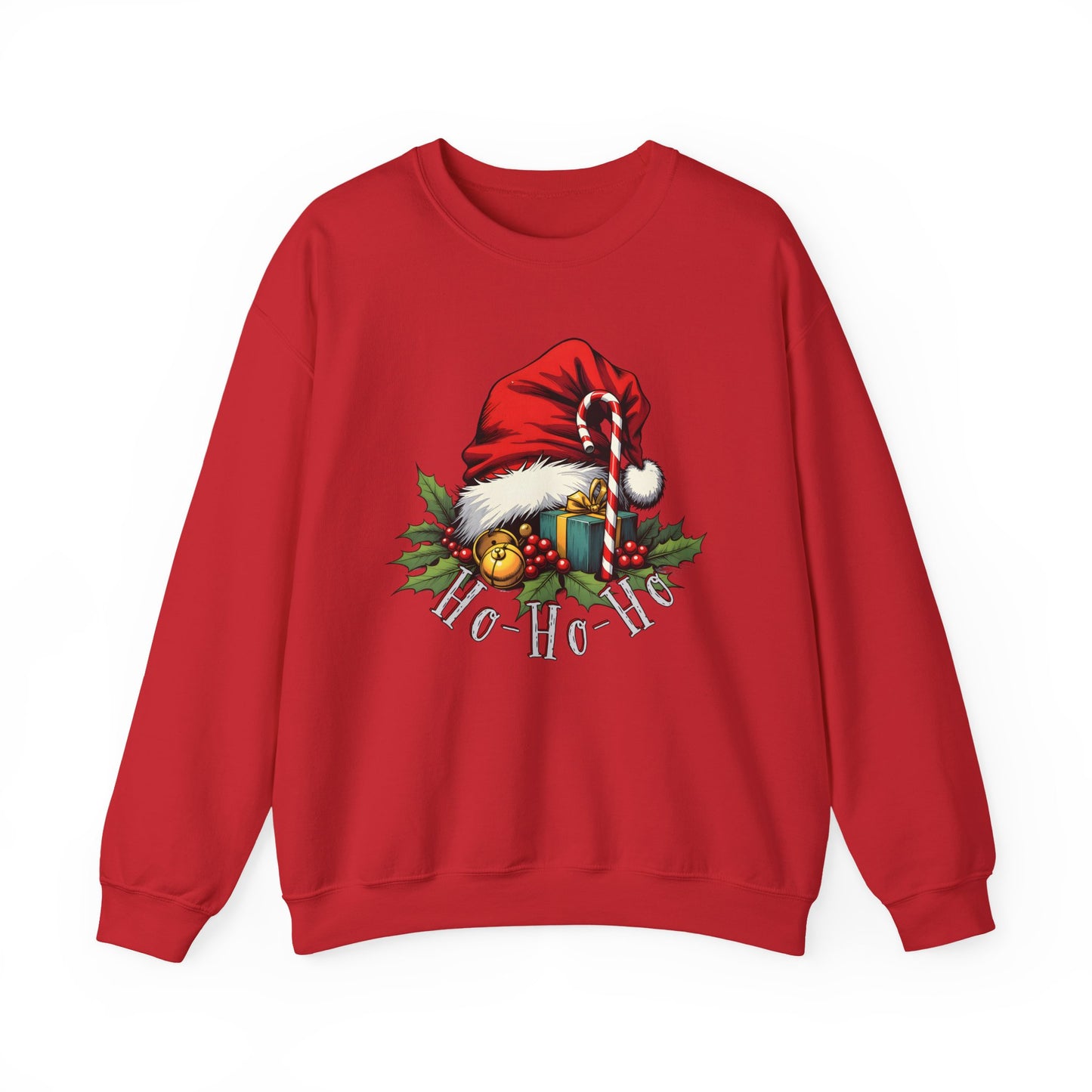 Christmas Sweatshirt - 'Ho-Ho-Ho' Santa Hat & Holly Holiday Crewneck