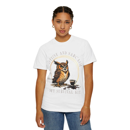 Coffee & Sarcasm Owl T-Shirt — "My Survival Kit" Graphic Tee