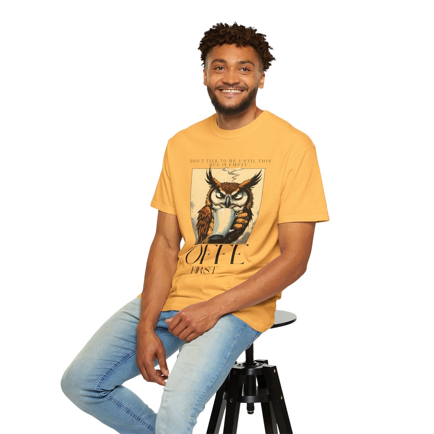 Coffee First Owl T-Shirt — Vintage Coffee Lover Graphic Tee