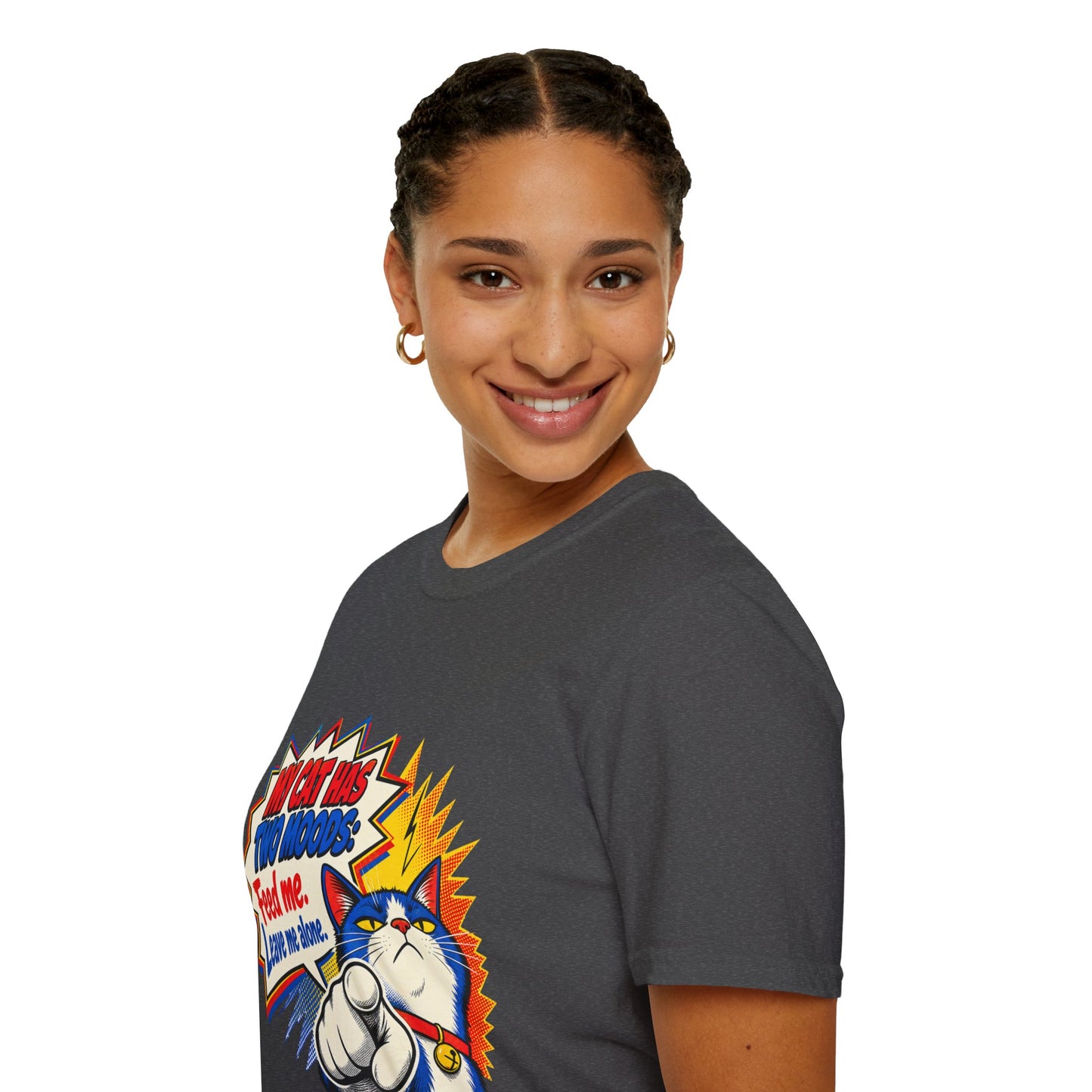 Cat T-Shirt — "My Cat Has Two Moods: Feed Me, Leave Me Alone" Funny Retro Comic Tee